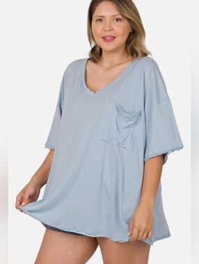 ZENANA Pale Blue V-Neck Pocket Tee Rolled Hem Back Seam Oversized Size 1X